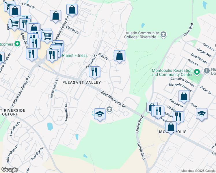 map of restaurants, bars, coffee shops, grocery stores, and more near 1851 1/2 River Crossing Circle in Austin