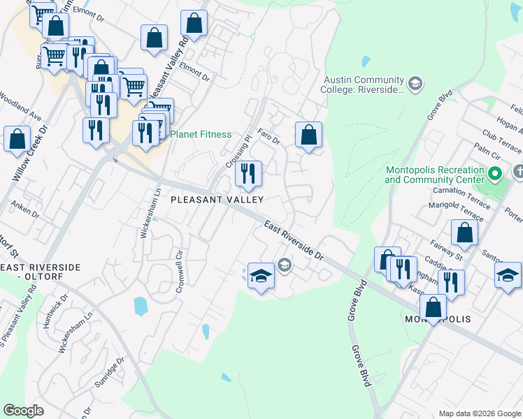 map of restaurants, bars, coffee shops, grocery stores, and more near 1818 River Crossing Circle in Austin