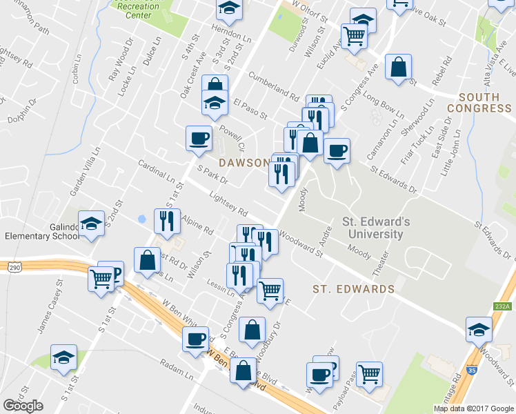 map of restaurants, bars, coffee shops, grocery stores, and more near 126 Frederick Street in Austin