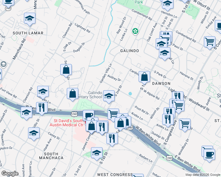 map of restaurants, bars, coffee shops, grocery stores, and more near 901 South Center Street in Austin