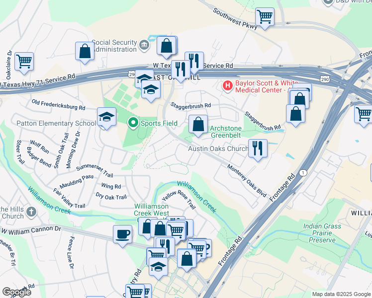 map of restaurants, bars, coffee shops, grocery stores, and more near 4701 Monterey Oaks Boulevard in Austin