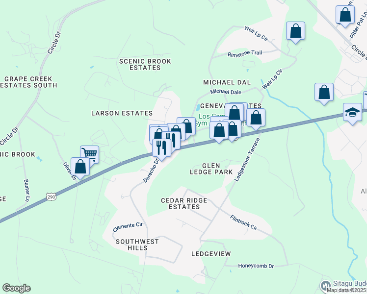 map of restaurants, bars, coffee shops, grocery stores, and more near 9475 U.S. 290 in Austin