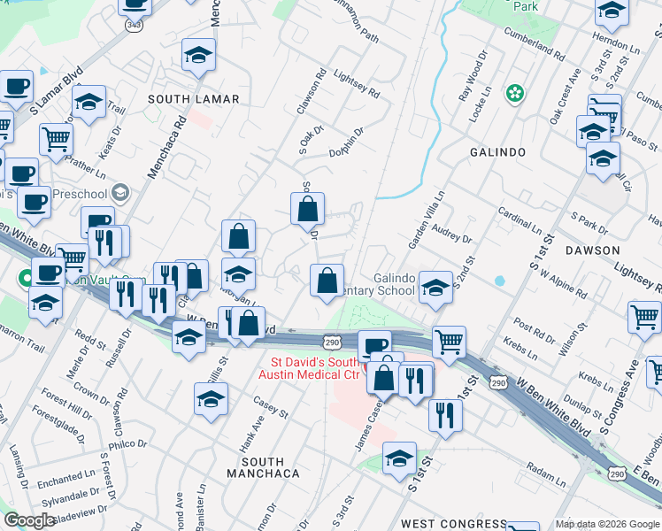 map of restaurants, bars, coffee shops, grocery stores, and more near 1 Southway Drive in Austin