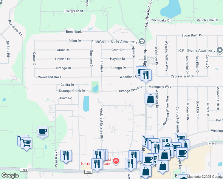 map of restaurants, bars, coffee shops, grocery stores, and more near 6818 Durango Creek Drive in Magnolia