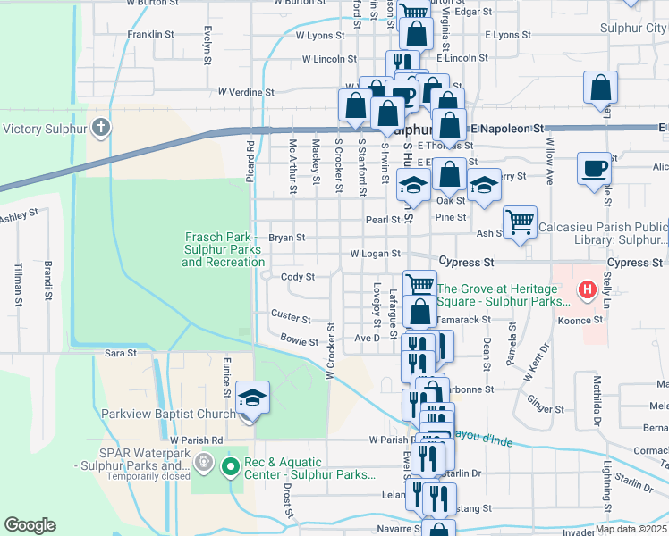 map of restaurants, bars, coffee shops, grocery stores, and more near 1001 W Crocker St in Sulphur