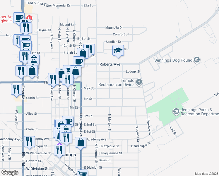 map of restaurants, bars, coffee shops, grocery stores, and more near May Street in Jennings