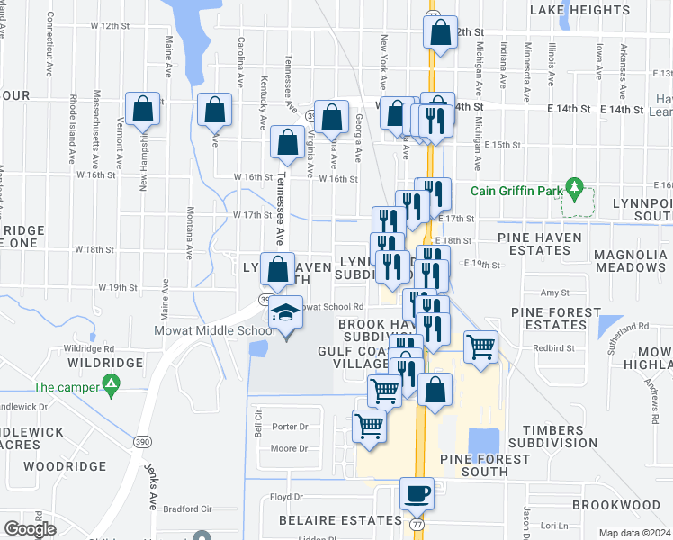 map of restaurants, bars, coffee shops, grocery stores, and more near 411 West 18th Court in Lynn Haven