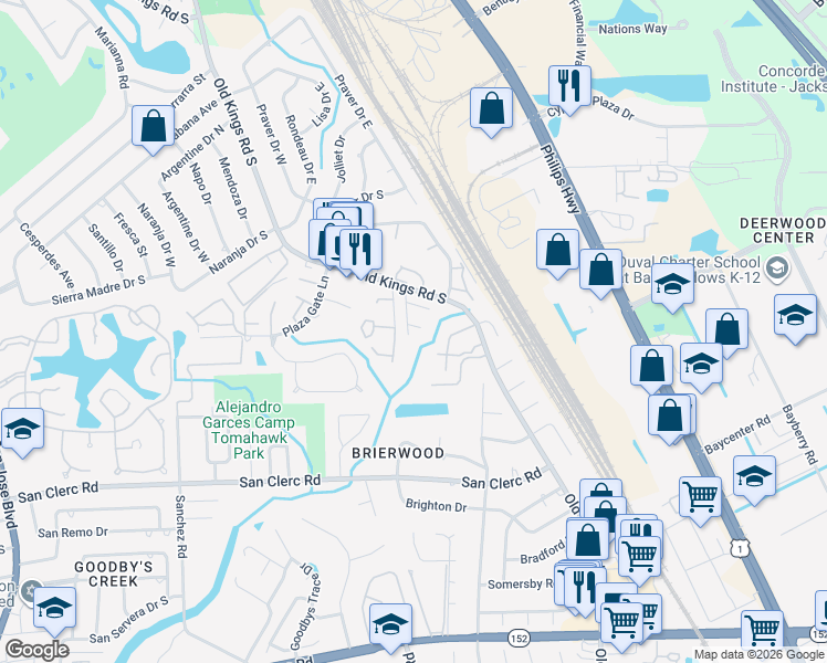 map of restaurants, bars, coffee shops, grocery stores, and more near 4810 Hawks Landing Court in Jacksonville
