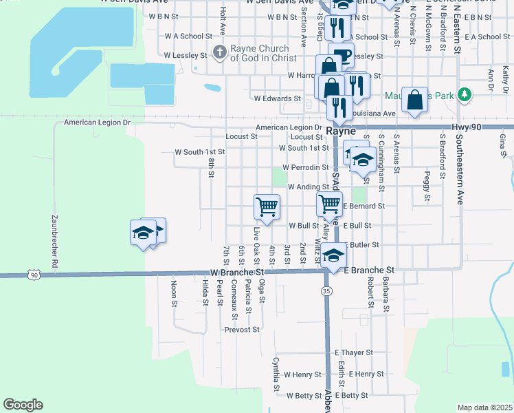 map of restaurants, bars, coffee shops, grocery stores, and more near 601 Live Oak Street in Rayne