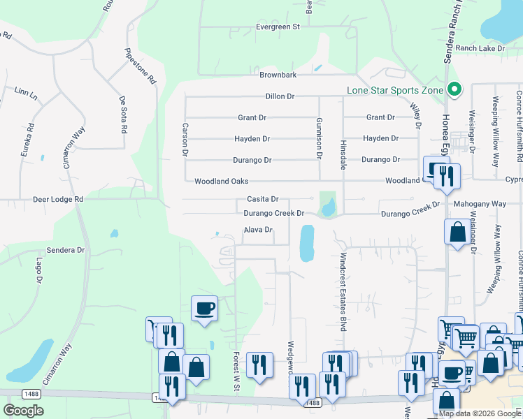 map of restaurants, bars, coffee shops, grocery stores, and more near 7210 Durango Creek Drive in Magnolia