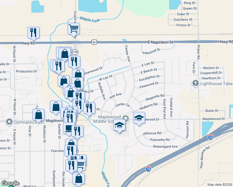 map of restaurants, bars, coffee shops, grocery stores, and more near 305 Ann Avenue in Sulphur