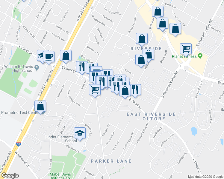 map of restaurants, bars, coffee shops, grocery stores, and more near 1936 East Oltorf Street in Austin
