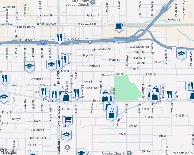 map of restaurants, bars, coffee shops, grocery stores, and more near 1618 Mill Street in Lake Charles