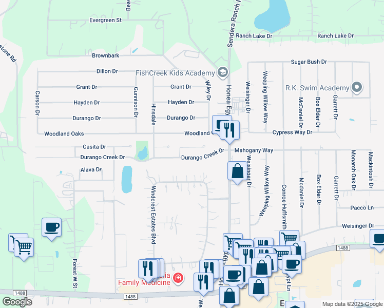 map of restaurants, bars, coffee shops, grocery stores, and more near 6726 Durango Creek Drive in Magnolia