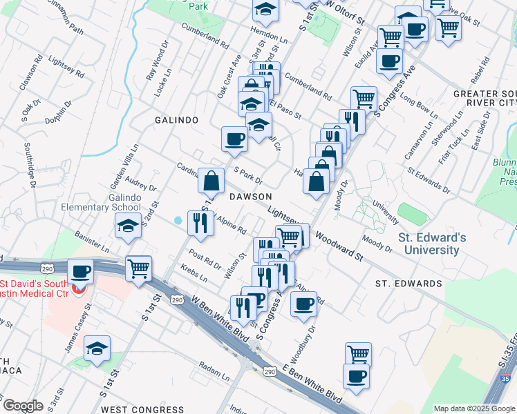 map of restaurants, bars, coffee shops, grocery stores, and more near 405 Lightsey Road in Austin