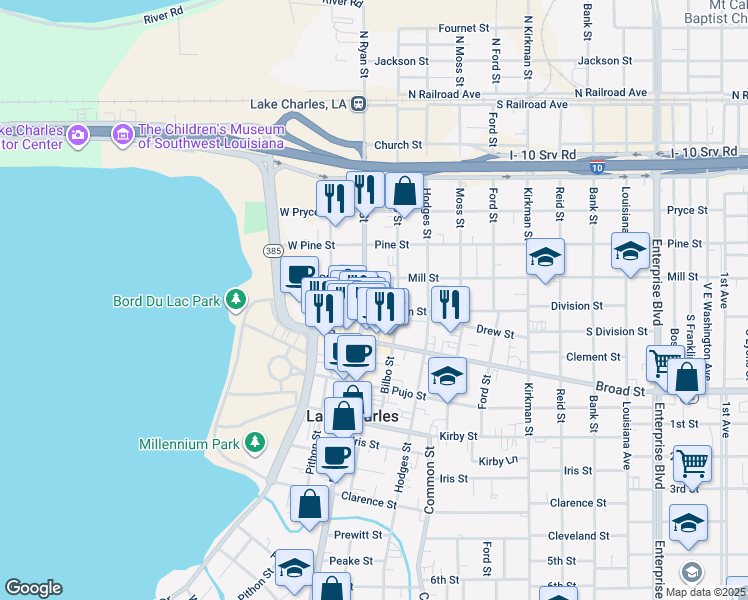 map of restaurants, bars, coffee shops, grocery stores, and more near 619 Ryan Street in Lake Charles