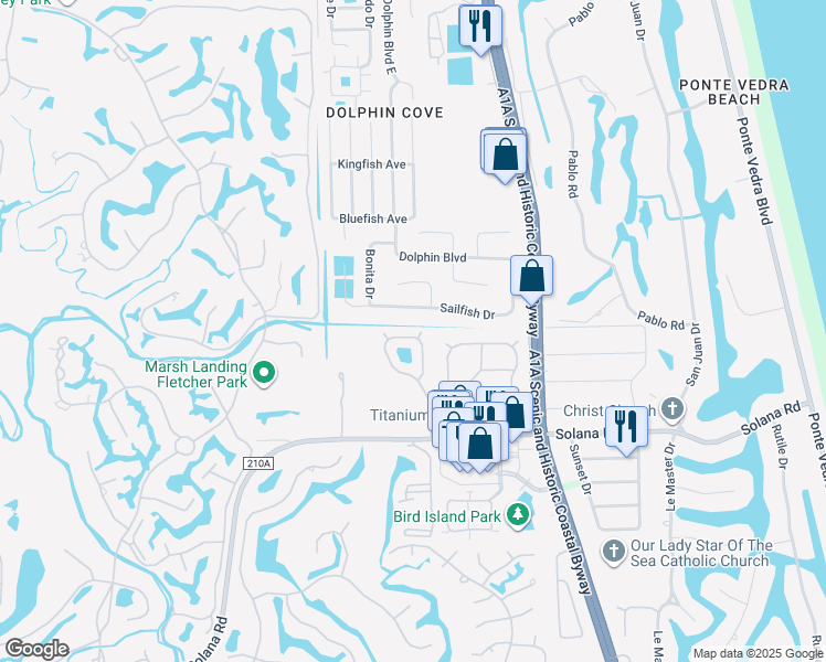 map of restaurants, bars, coffee shops, grocery stores, and more near 187 Cay East Way in Ponte Vedra Beach