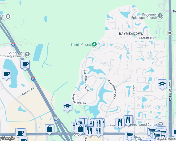 map of restaurants, bars, coffee shops, grocery stores, and more near 7771 Point Vicente Court in Jacksonville
