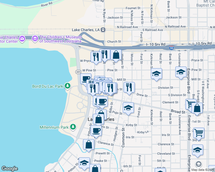 map of restaurants, bars, coffee shops, grocery stores, and more near 333 Mill Street in Lake Charles