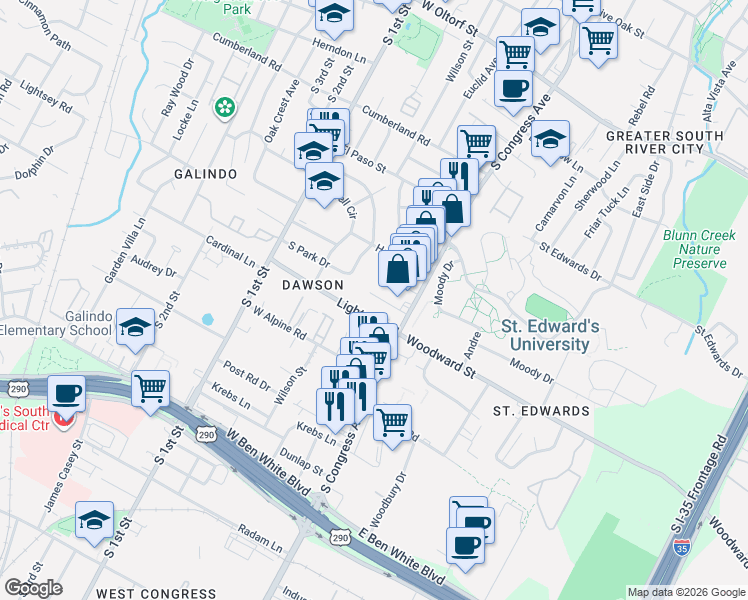 map of restaurants, bars, coffee shops, grocery stores, and more near 126 Frederick Street in Austin