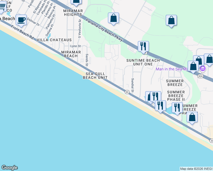 map of restaurants, bars, coffee shops, grocery stores, and more near 17643 Front Beach Road in Panama City Beach