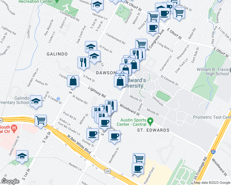 map of restaurants, bars, coffee shops, grocery stores, and more near 120 Frederick Street in Austin