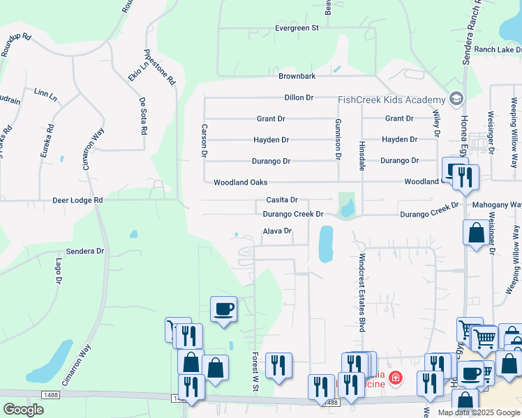 map of restaurants, bars, coffee shops, grocery stores, and more near 7314 Durango Creek Drive in Magnolia