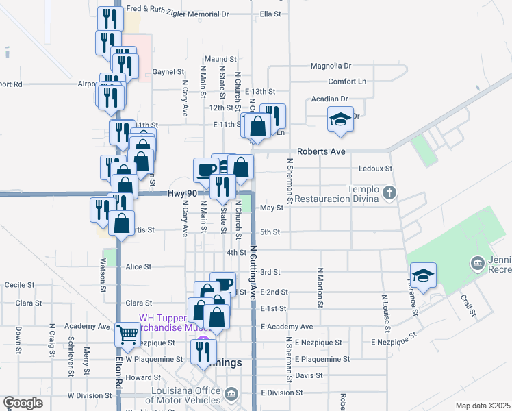map of restaurants, bars, coffee shops, grocery stores, and more near 1114 North Cutting Avenue in Jennings