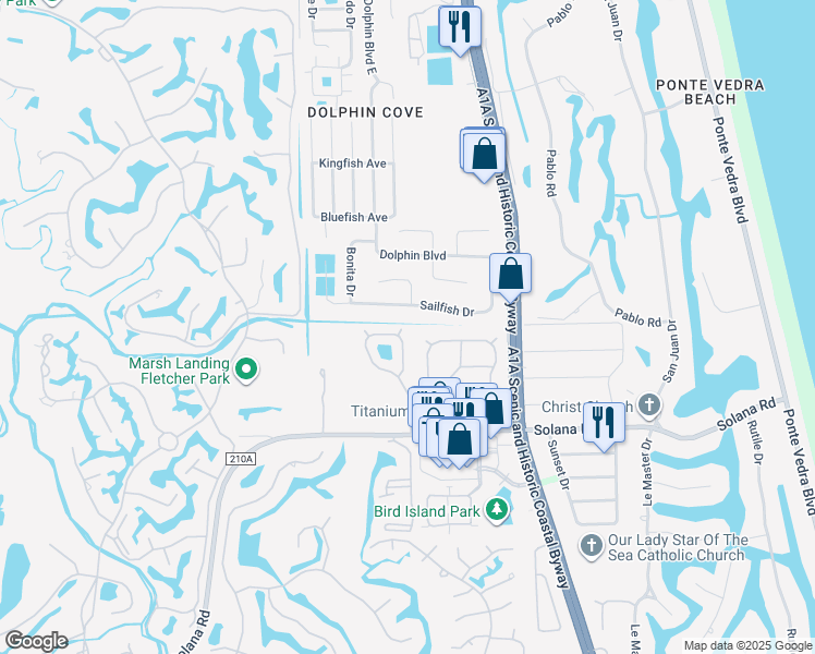 map of restaurants, bars, coffee shops, grocery stores, and more near 187 Cay East Way in Ponte Vedra Beach