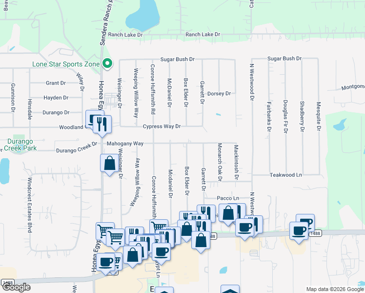 map of restaurants, bars, coffee shops, grocery stores, and more near 611 Box Elder Drive in Magnolia