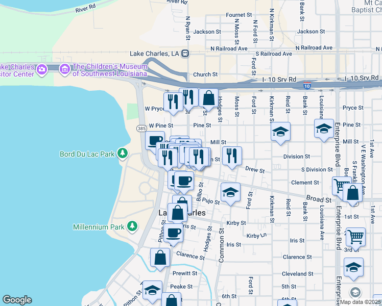 map of restaurants, bars, coffee shops, grocery stores, and more near 619 Ryan Street in Lake Charles
