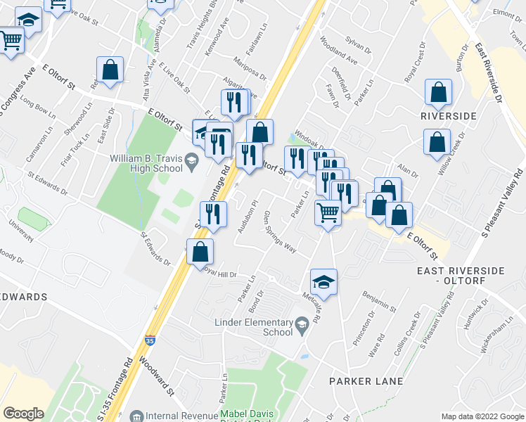 map of restaurants, bars, coffee shops, grocery stores, and more near 2410 Glen Springs Way in Austin