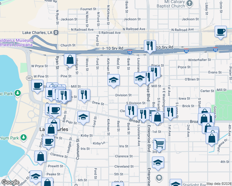 map of restaurants, bars, coffee shops, grocery stores, and more near 715 Kirkman Street in Lake Charles