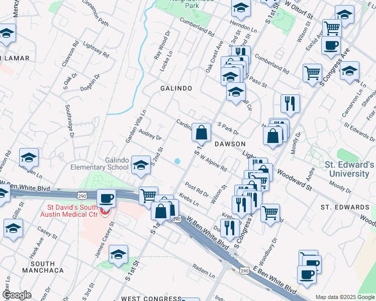 map of restaurants, bars, coffee shops, grocery stores, and more near 3508 South 1st Street in Austin