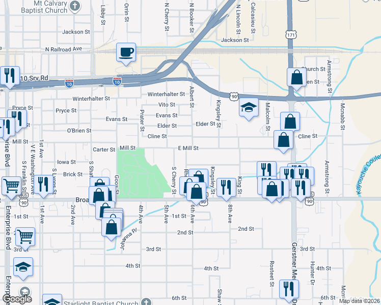 map of restaurants, bars, coffee shops, grocery stores, and more near 2142 Mill St in Lake Charles