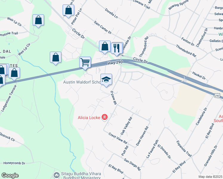 map of restaurants, bars, coffee shops, grocery stores, and more near 8660 South View Road in Austin