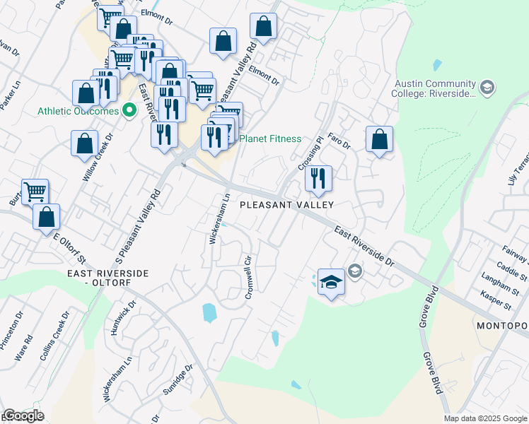 map of restaurants, bars, coffee shops, grocery stores, and more near 4821 East Riverside Drive in Austin