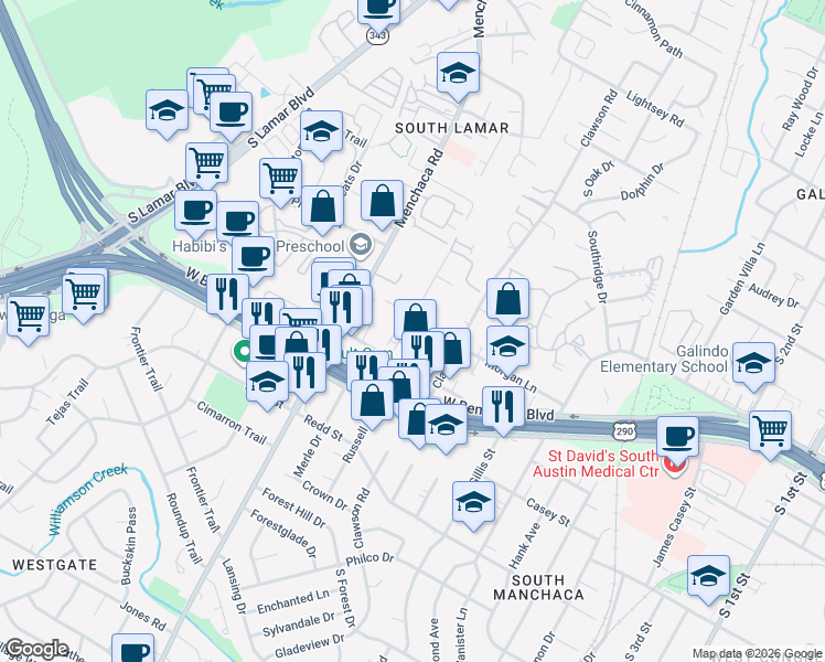 map of restaurants, bars, coffee shops, grocery stores, and more near 4107 Valley View Road in Austin