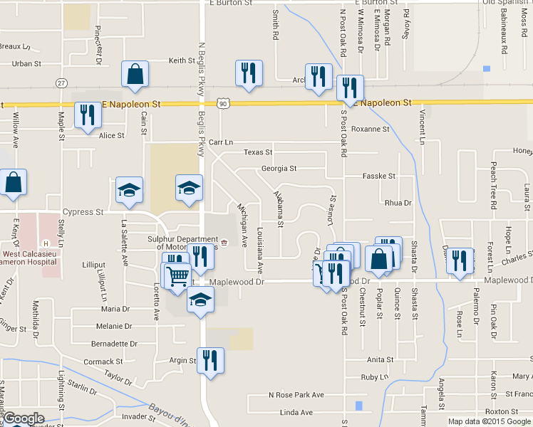map of restaurants, bars, coffee shops, grocery stores, and more near 323 Louisiana Ave in Sulphur