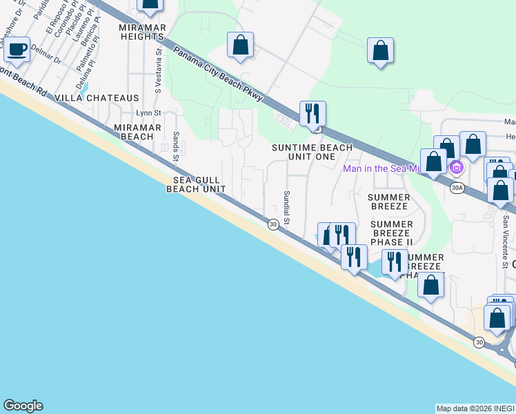 map of restaurants, bars, coffee shops, grocery stores, and more near in Panama City Beach