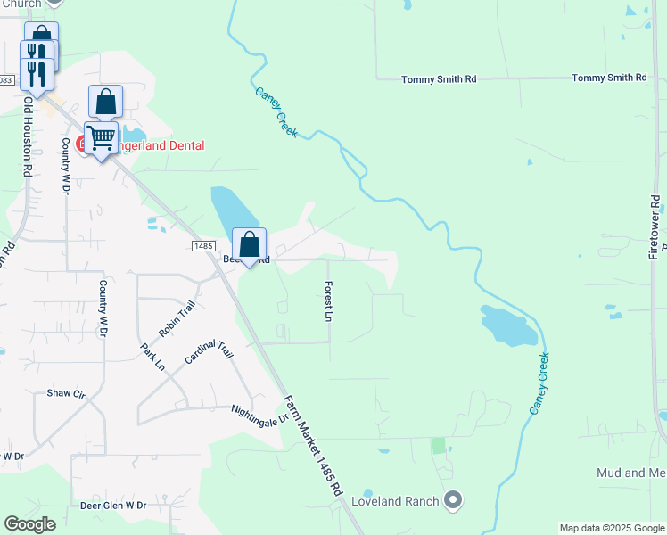 map of restaurants, bars, coffee shops, grocery stores, and more near 15103 Forest Lane in Conroe