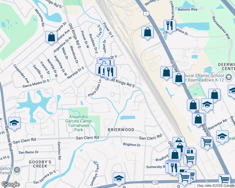map of restaurants, bars, coffee shops, grocery stores, and more near 4801 Evenlode Lane in Jacksonville
