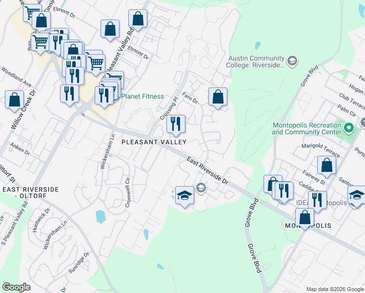 map of restaurants, bars, coffee shops, grocery stores, and more near 1818 River Crossing Circle in Austin