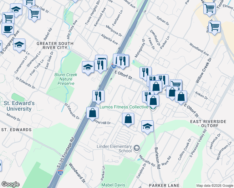 map of restaurants, bars, coffee shops, grocery stores, and more near 2410 Glen Springs Way in Austin