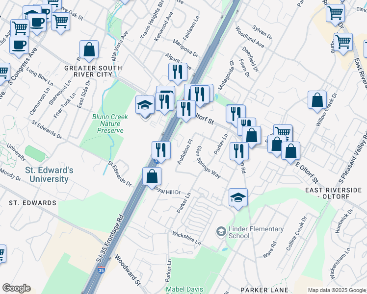 map of restaurants, bars, coffee shops, grocery stores, and more near 2501 Interstate 35 in Austin