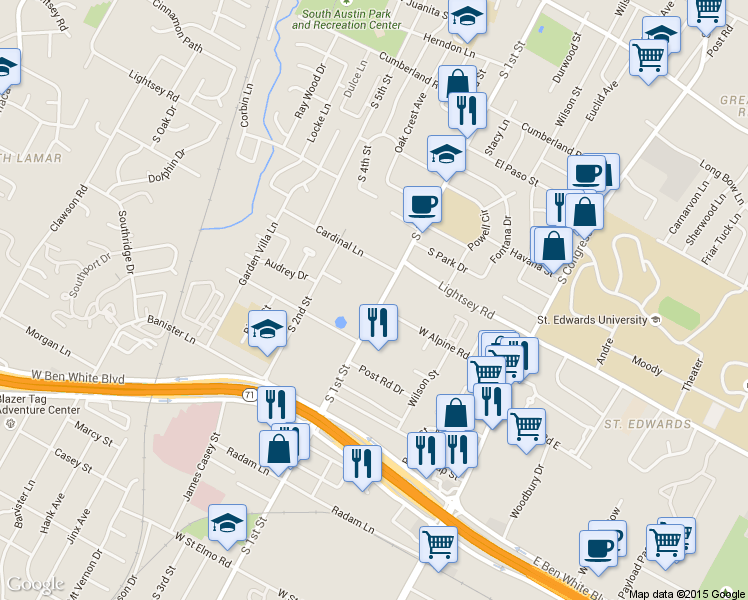 map of restaurants, bars, coffee shops, grocery stores, and more near 3504 South 1st Street in Austin