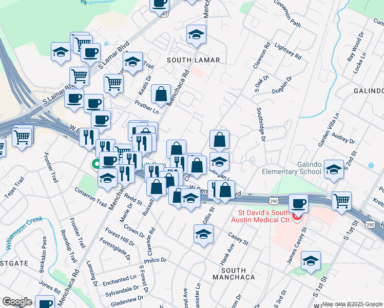 map of restaurants, bars, coffee shops, grocery stores, and more near 4100 Clawson Road in Austin