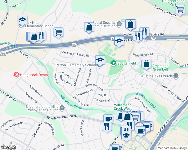 map of restaurants, bars, coffee shops, grocery stores, and more near 6102 Hill Forest Drive in Austin