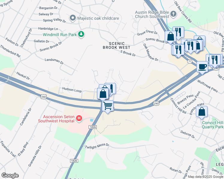 map of restaurants, bars, coffee shops, grocery stores, and more near 7880 U.S. 290 in Austin
