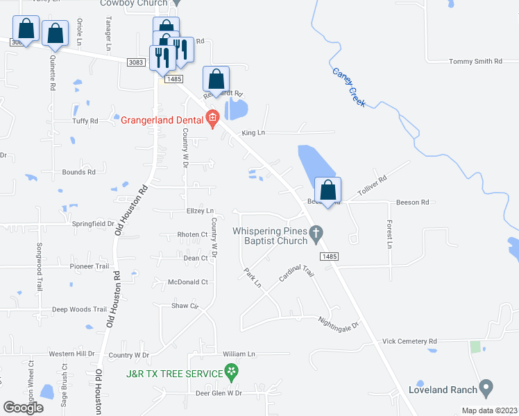 map of restaurants, bars, coffee shops, grocery stores, and more near 18061 Whispering Pines Drive in Conroe